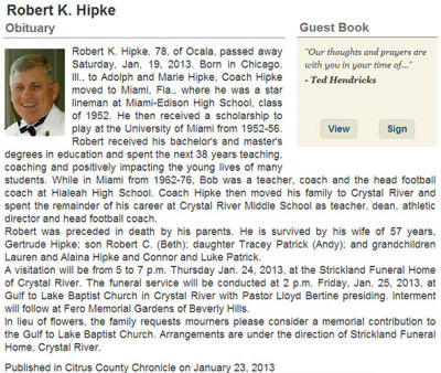 2013 - obituary for former Hialeah High (1962 to 1976) coach Robert Bob Hipke