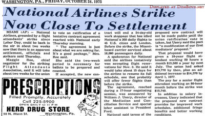 1975 - news article about 1975 Flight Attendant strike nearing the end