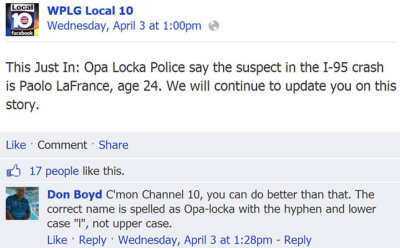 Miami's WPLG-TV Channel 10 fouls it up on news and weather broadcasts and can't get it right on Facebook either