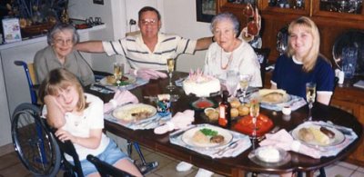 1997 - Donna, Aunt Beatrice, Don, Aunt Norma, Karen at birthday dinner