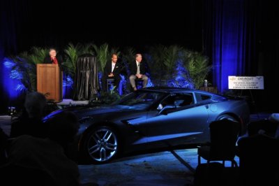 Ed Welburn, GM vice president for global design, and Peter Brock, key designer of the C2 Corvette Sting Ray, with the C7 (8839)