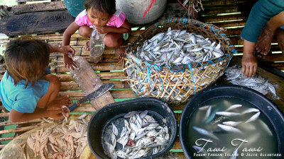 Badjaos preparing fish to dry
