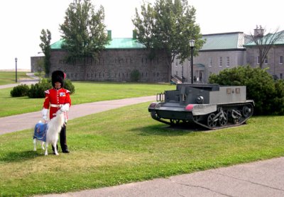 A ceremonial guard and the mascot of the Royal 22nd Regiment, Batisse the goat - at  the Citadel (la Citadelle).