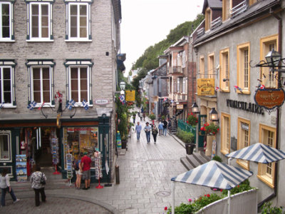 Rue du Petit-Champlain (straight ahead) as seen from the Breakneck Stairs.  Entrance to funicular to Upper Town on the right.