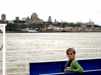 Judy on a ferry from Qubec City to Lvis. In the background - Lower Town and Le Chteau Frontenac in Old Qubec.
