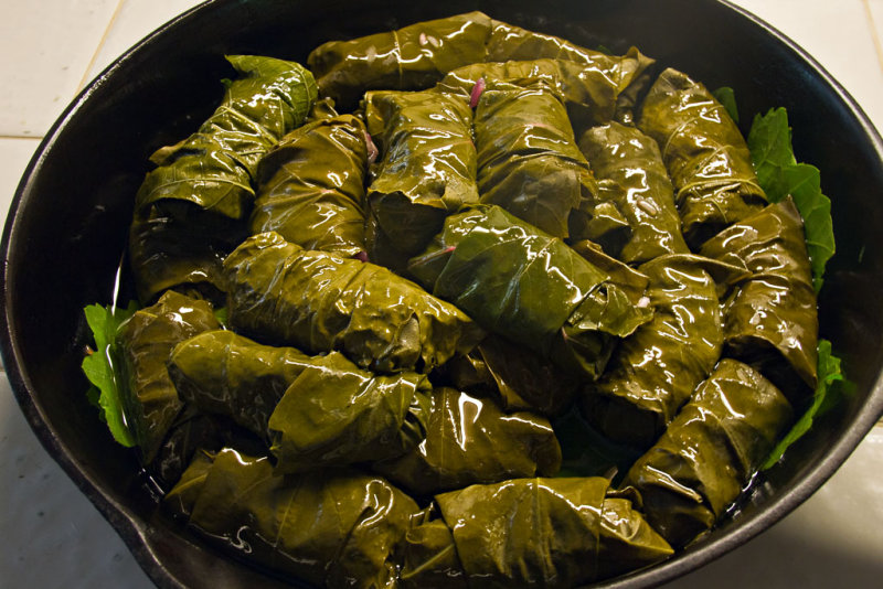 Herb and rice stuffed grape leaves (Dolmathakia)