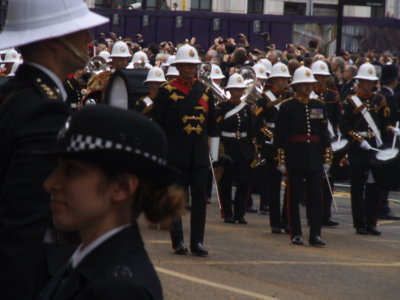 The band of the Royal Marines lead the Royal Horse Artillery
