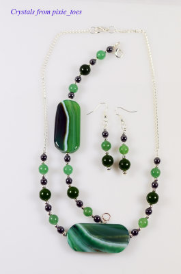  Green Stripe Banded Agate - Necklace, Bracelet and Earrings Set