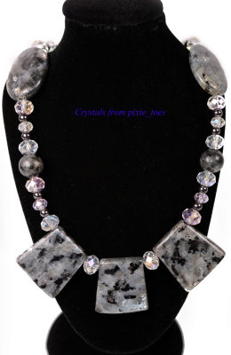 Larvikite, Crystal Glass and Hematite Gemstone Beaded Necklace - Stunning!