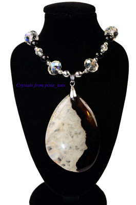 Unique Statement Necklace with Big Bold Agate Pendant Onyx and Crystal Beads