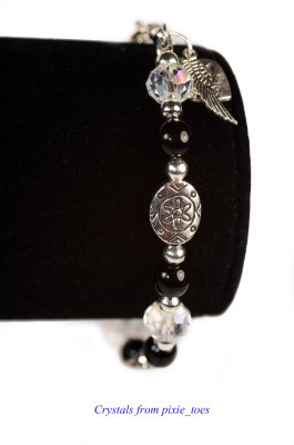 Onyx Gemstone & Crystal Beaded Bracelet, Antique Silver Charms