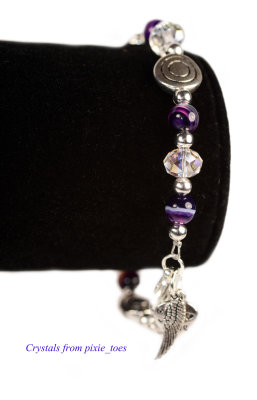 Purple Agate Gemstone & Crystal Beaded Bracelet, Antique Silver Charms