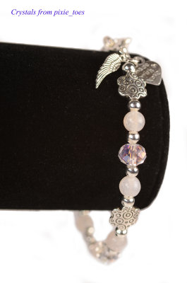 Pale Carnelian Gemstone & Crystal Beaded Bracelet, Antique Silver Charms