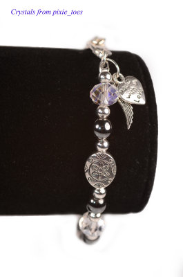 Hematite Gemstone & Crystal Beaded Bracelet, Antique Silver Charms