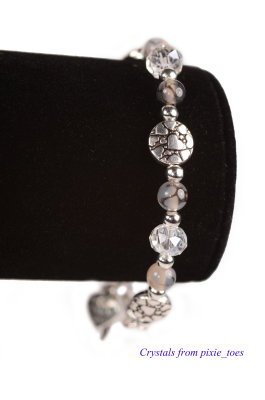 Dragon Vein Agate Gemstone & Crystal Beaded Bracelet, Antique Silver Charms