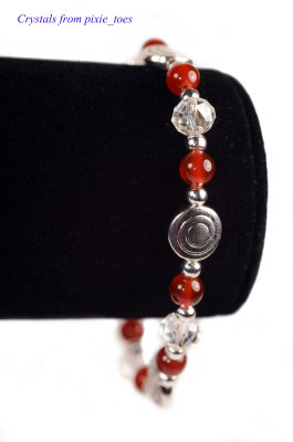 Red Agate Gemstone & Crystal Beaded Bracelet, Antique Silver Charms