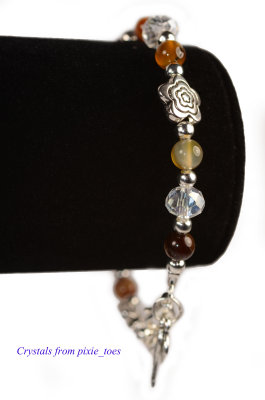 Botswana Agate Gemstone & Crystal Beaded Bracelet, Antique Silver Charms