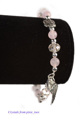 Rose Quartz Gemstone & Crystal Beaded Bracelet, Antique Silver Charms