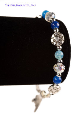 Blue Agate Gemstone & Crystal Beaded Bracelet, Antique Silver Charms