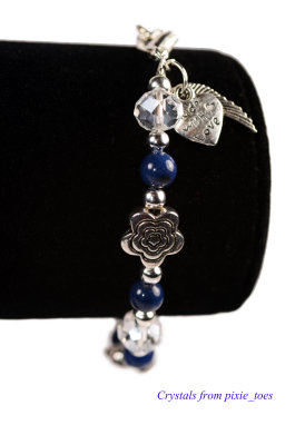 Lapis Lazuli Gemstone & Crystal Beaded Bracelet, Antique Silver Charms