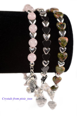 Bracelets with Silver-Plated Heart Beads with Hematite, Rose Quartz or Unakite