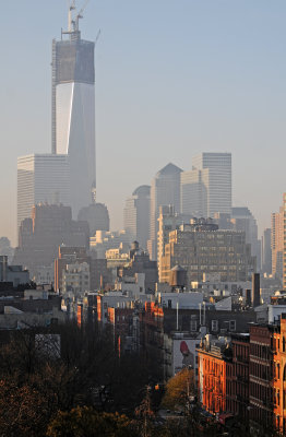 Financial Center in Morning Sunrise Mist