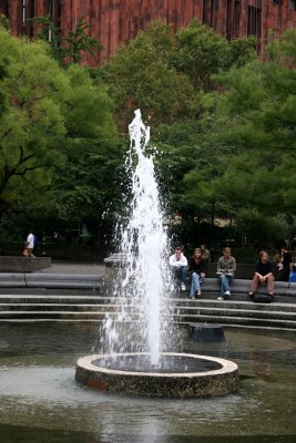 NYU Library, Scholar Trees & Students at the Fountain