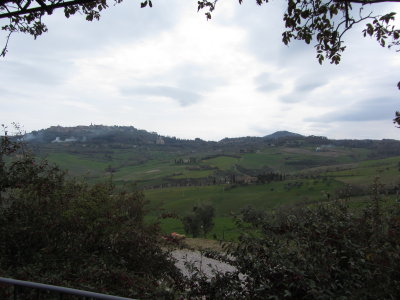 View of Montepulciano and Tuscan farms from porch of cheese factory tasting room