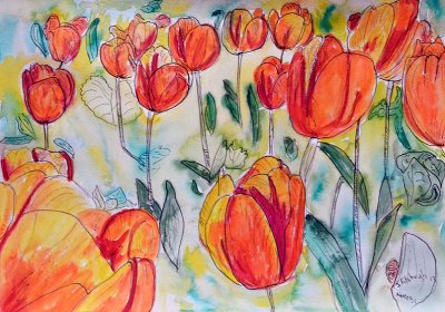 Summertime Tulips Watercolour,pen and ink