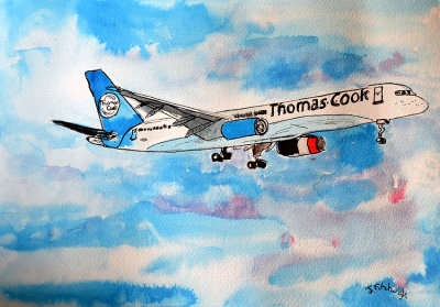 Thomas Cook Plane taking off Watercolour,pen and ink