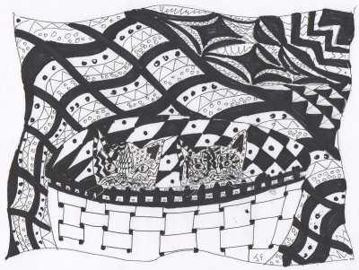 Two Kittens in a Basket in Zentange Art