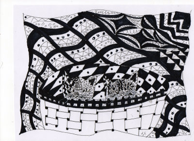 Two Kittens In A Basket Zentangle Art