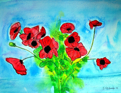 Bright Red Poppys Watercolour, pen and ink