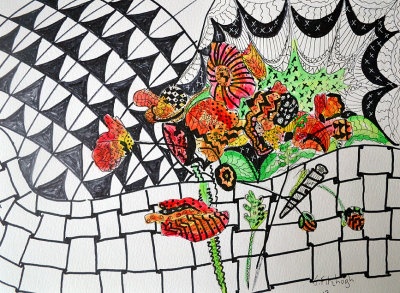 Zentangle art form Flowers in pen,ink watercolour