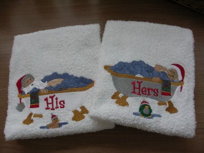 his en hers towel, handdoek met hij en zij erop geborduurt!