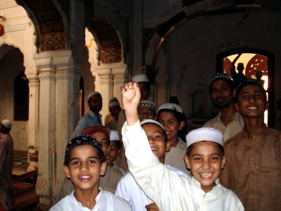 Madrassa students inside the Hindu temple