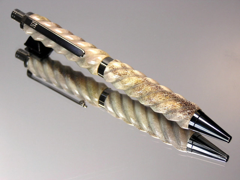 Spiral Design Whitetail Deer Antler Gel or Ballpoint Click Pen Black Titanium Hardware