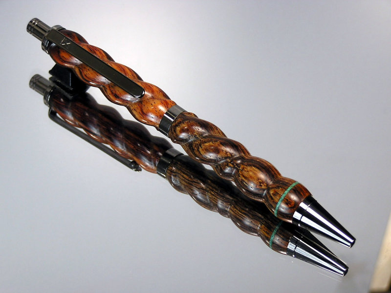 Spiral Design Mexican Cocobolo Turquoise Inlay Click Gel or Ballpoint Black Titanium Hardware
