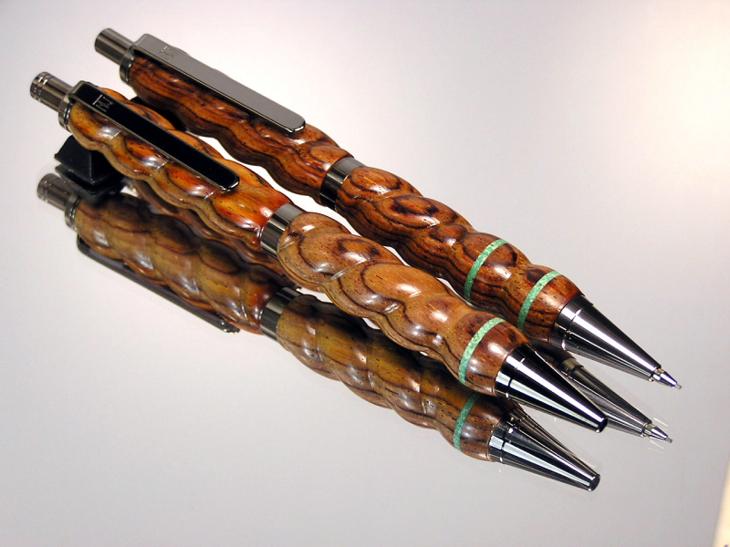 Spiral Design Mexican Cocobolo Turquoise Inlay Gel or Ballpoint Click Pen & Pencil Set Black Titanium Hardware