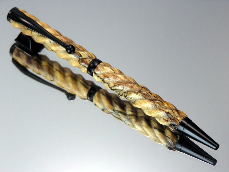 Spiral Design Spalted Maple Slimline Twist Ballpoint Pen Black Enamel Hardware