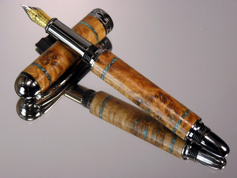 English Oak Burl Turquoise Inlay Black Titanium Fountain Pen