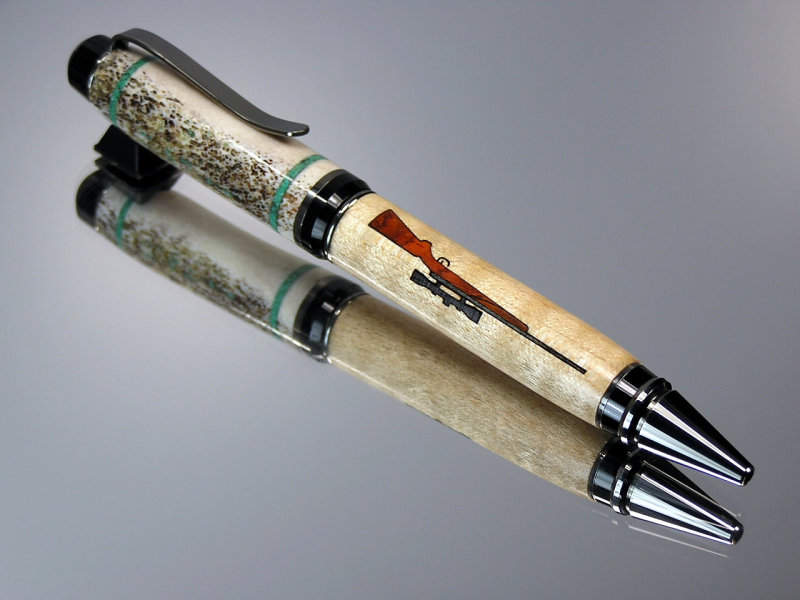 Whitetail Deer Antler Curly Maple Combo Cigar Pen with Turquoise & Rifle Inlay