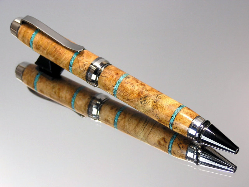 Black Cherry Burl Turquoise Inlay Cigar Twist Pen Platinum Hardware