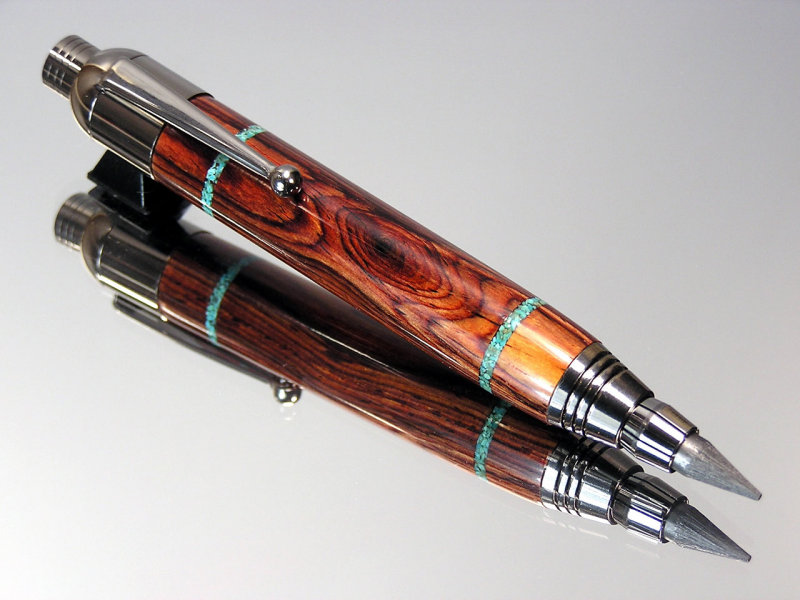 Mexican Cocobolo Turquoise Inlay Push Feed Sketch Pen/Pencil Combo Black Titanium Hardware