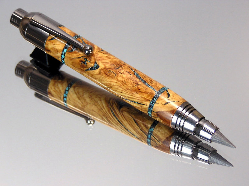 English Oak Burl Turquoise Inlay Push Feed Sketch Pen/Pencil Combo Black Titanium Hardware