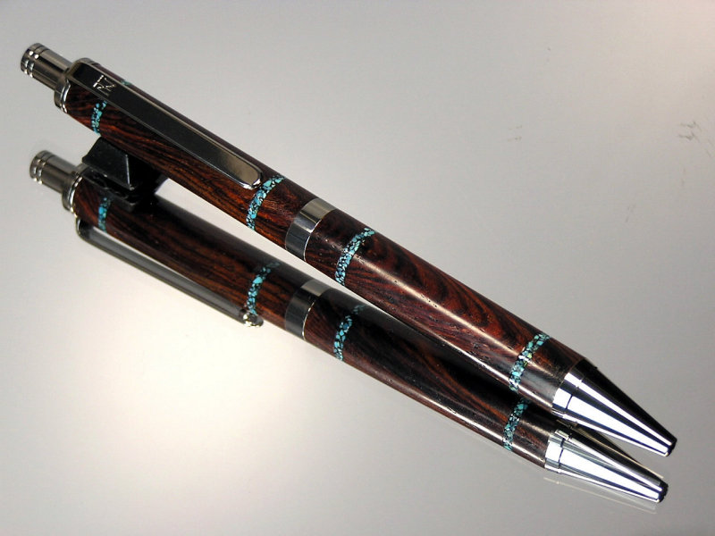 Cocobolo with Turquoise Bands Gel Click or Ballpoint Pen Black Titanium Hardware