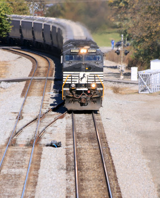 A Southbound grain train eases over the new crossover at Georgetown. 