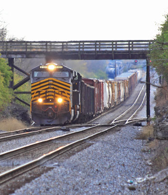 NKP 8100 leads NS 124 North, under the Buster pike bridge at North Wye 