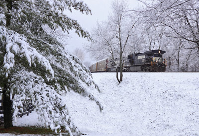 NS T79 Eastbound in the snow at Clarks Station, with a pair of catfish running Southern style 