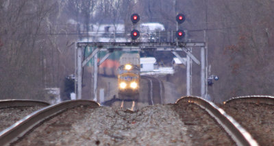 Northbound NS 224 is passing through downtown Waynesburg Ky as a mix of rain and snow falls.